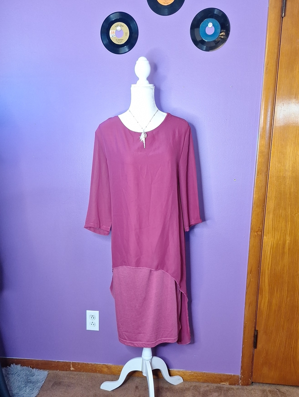 Mauve Asymmetrical Layered Dress With Sheer 3/4 Sleeves 3XL
